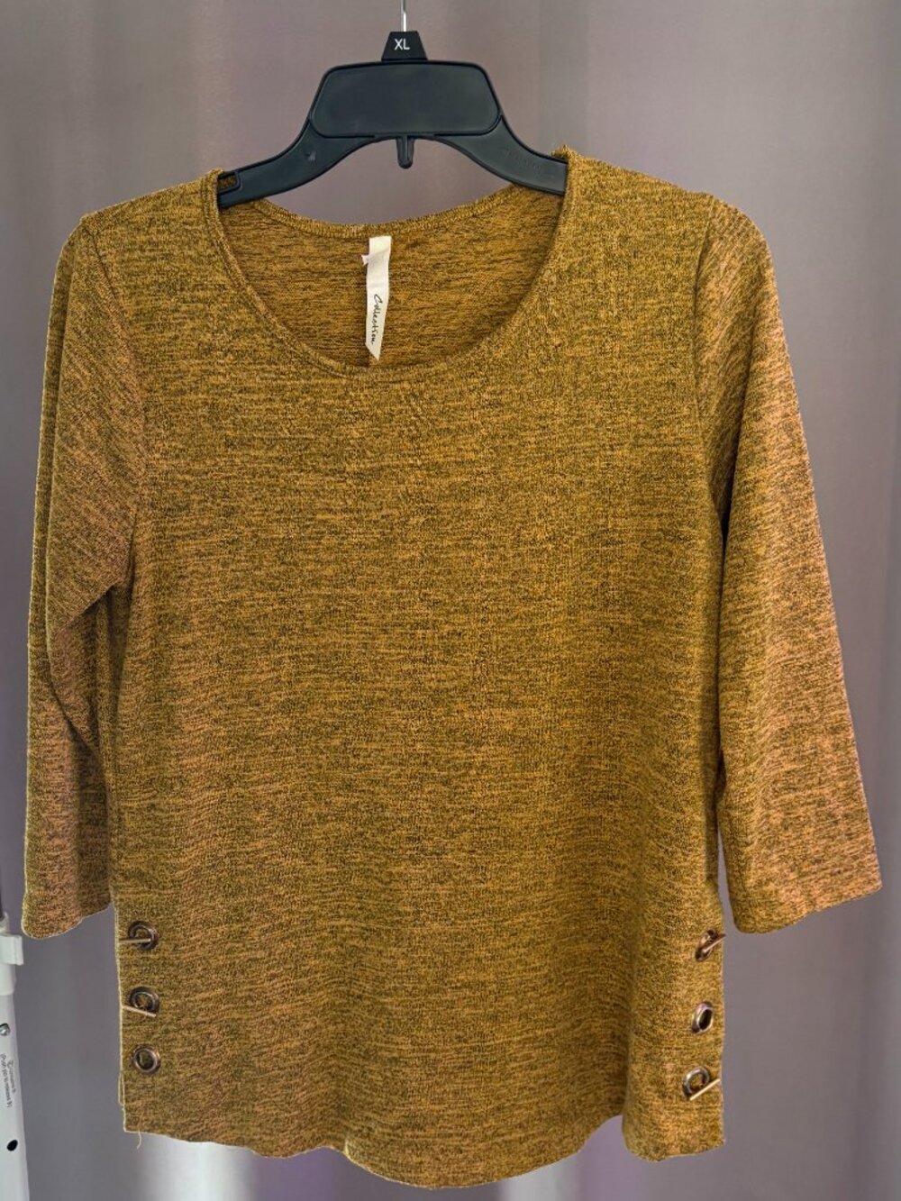 NY Collection Mustard Yellow Marled Knit Top Medium 3/4 Sleeve Grommet Side Slit